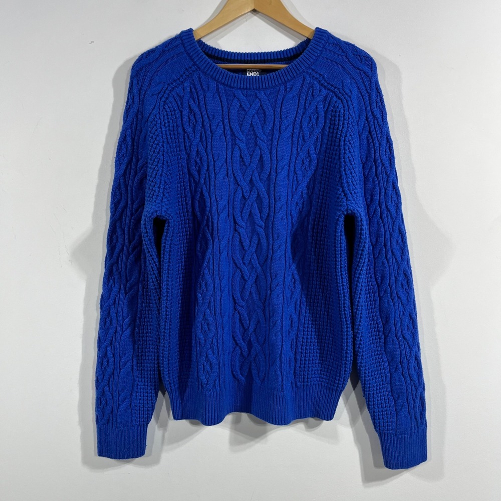 Lands End Fisherman Preppy Cobalt Blue Cable Knit Sweater Crew Neck Medium Ski